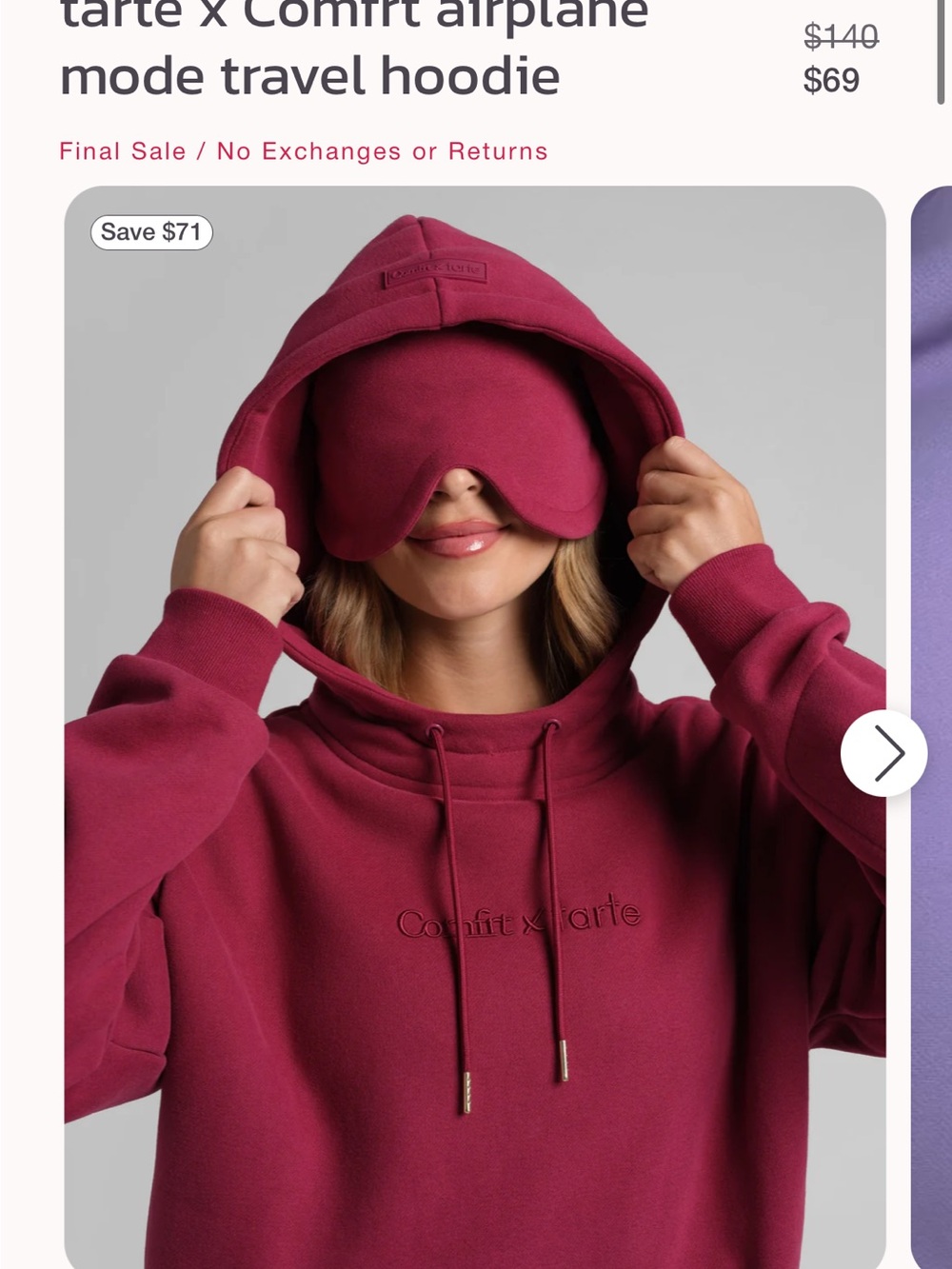 tarte x Comfrit Travel Hoodie - Limited Edition Airplane Mode in Raspberry